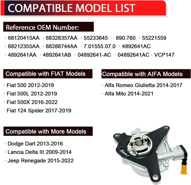 NITOYO 68120415AA Brake Vacuum Pump Compatible with Fiat 500 2012-2022, 124 Spider 2017-2019, Dodge Dart 2013-2016, Renegade 2015-2022, Alfa, Lancia, L4 1.4L, Vacuum Pump Replaces 4892641AA 55233645 - Image 2